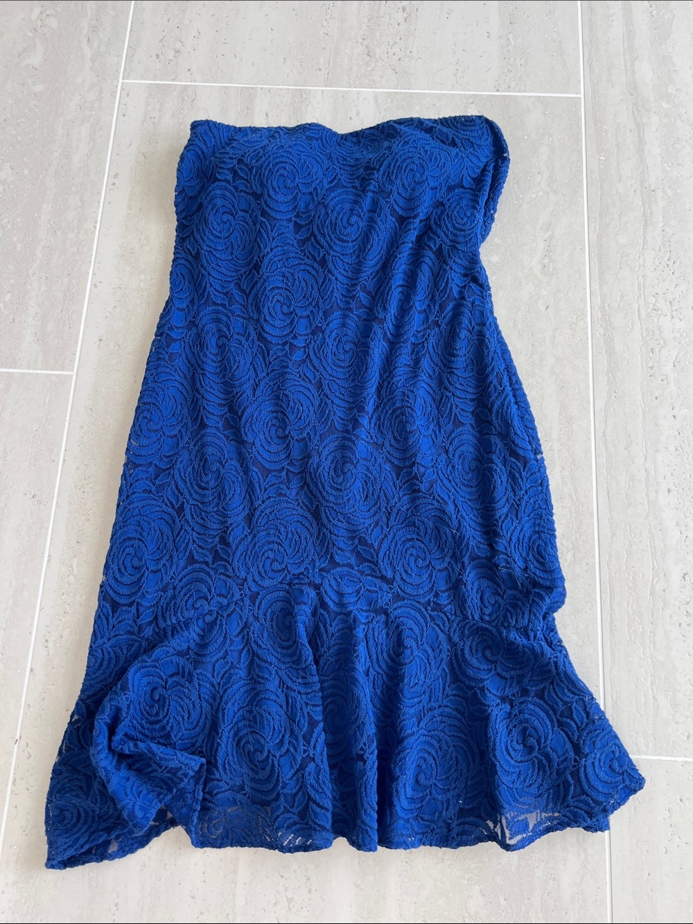 Cache Strapless Royal Blue Lace Dress with Peplum Detail